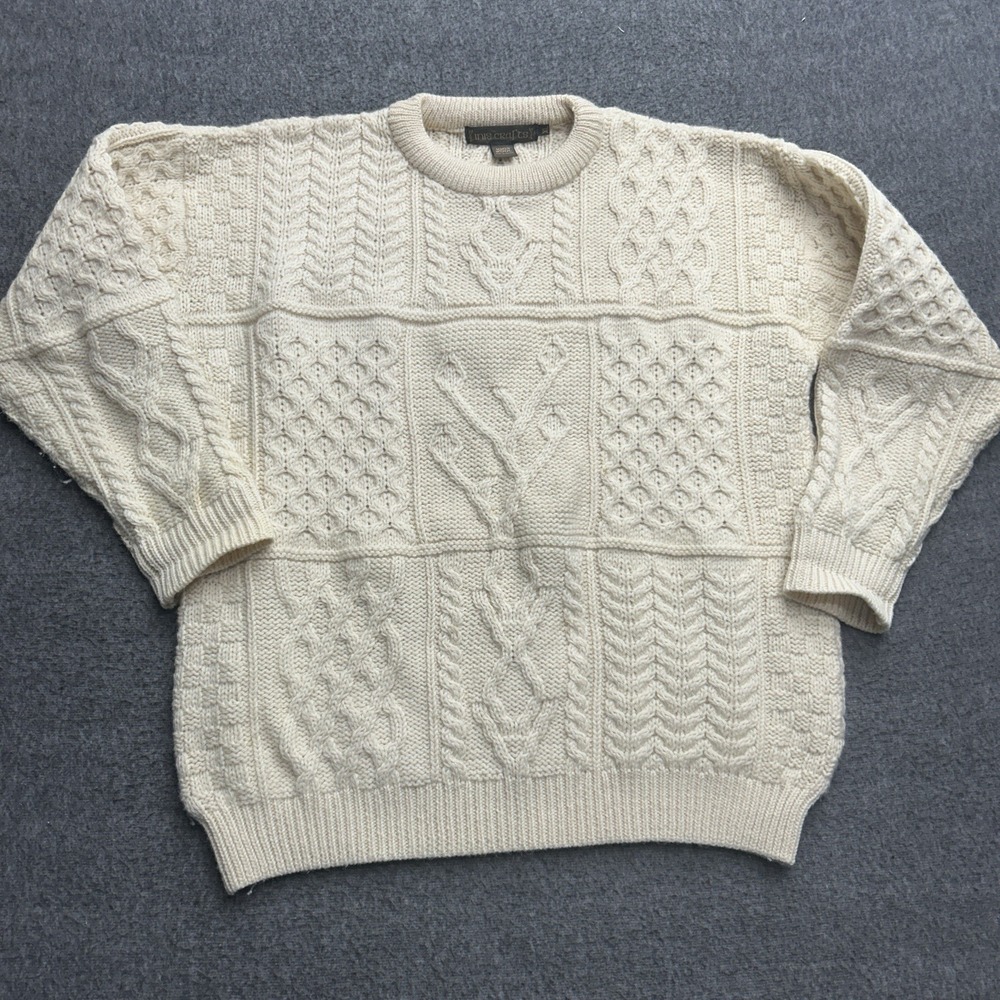 Inis Crafts Sweater Mens Extra Large Cream Wool Cable Knit Pullover Made Ireland